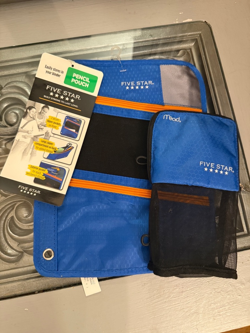 Five Star Blue Pencil Pouch Set with Orange Zippers and Black Mesh